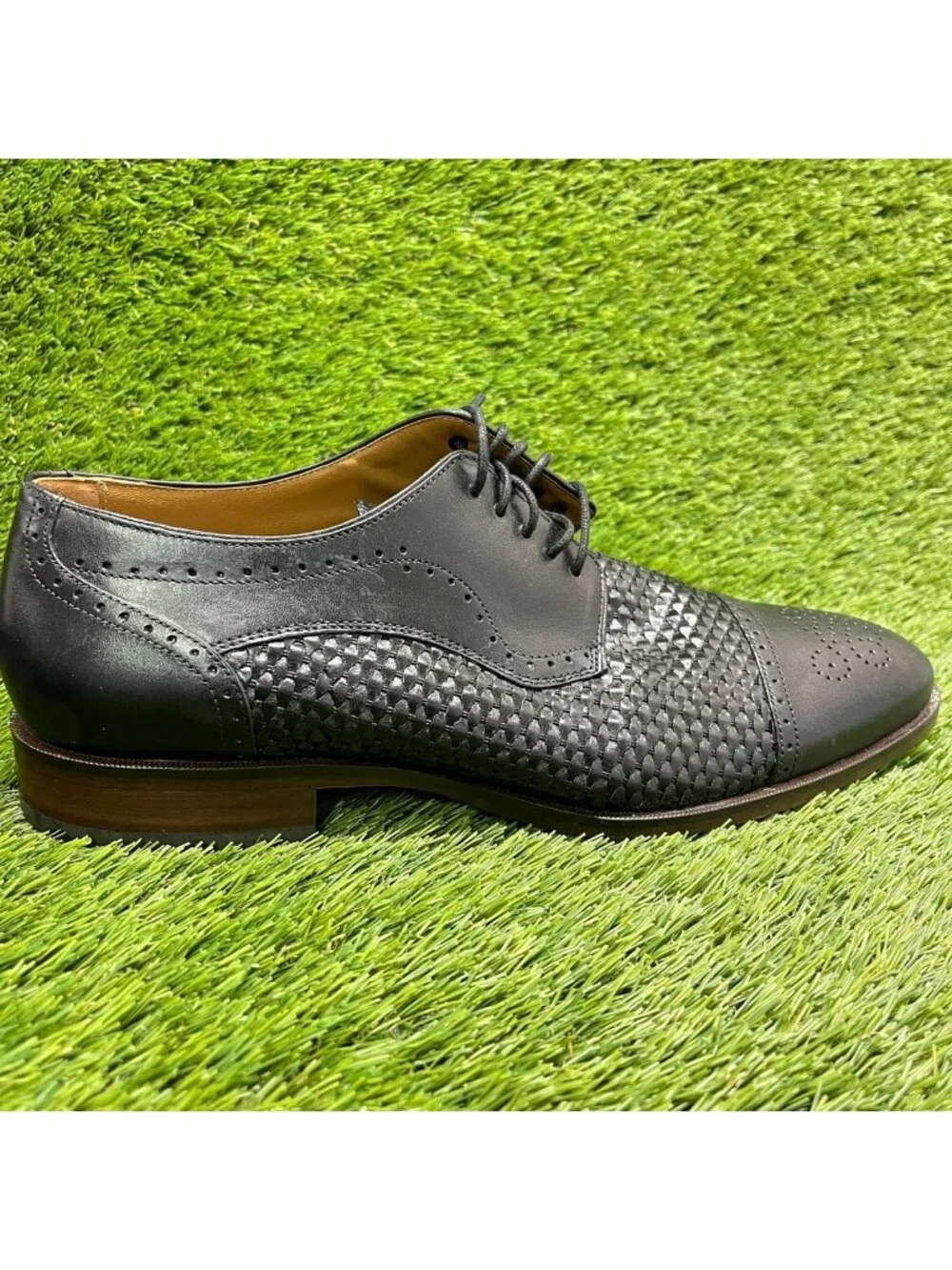 Johnston & Murphy Nolen Woven Mens Size 12 Black Leather Cap Toe Dress Shoes